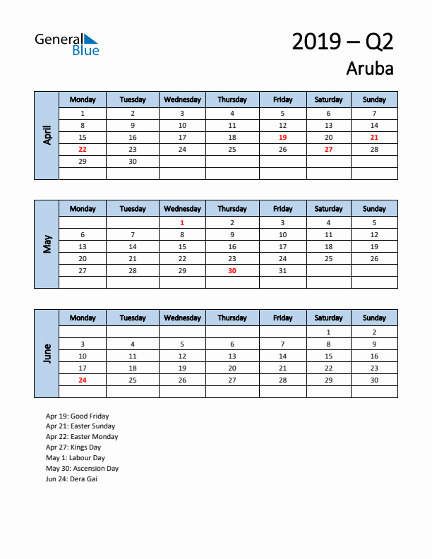 Free Q2 2019 Calendar for Aruba - Monday Start