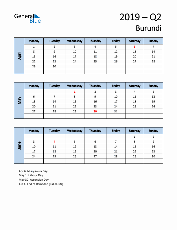 Free Q2 2019 Calendar for Burundi - Monday Start