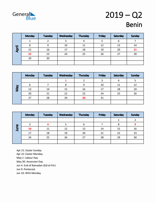 Free Q2 2019 Calendar for Benin - Monday Start