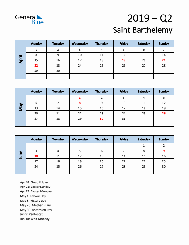 Free Q2 2019 Calendar for Saint Barthelemy - Monday Start