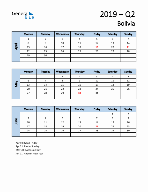 Free Q2 2019 Calendar for Bolivia - Monday Start