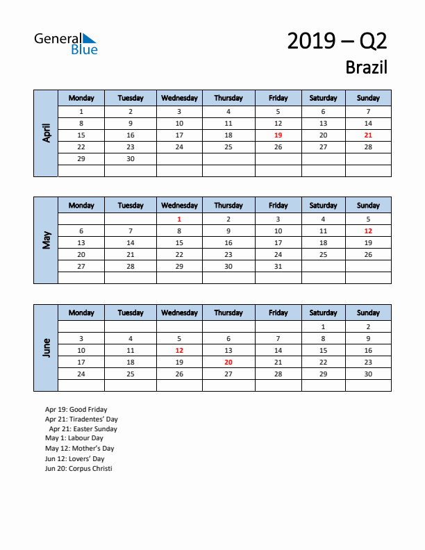 Free Q2 2019 Calendar for Brazil - Monday Start