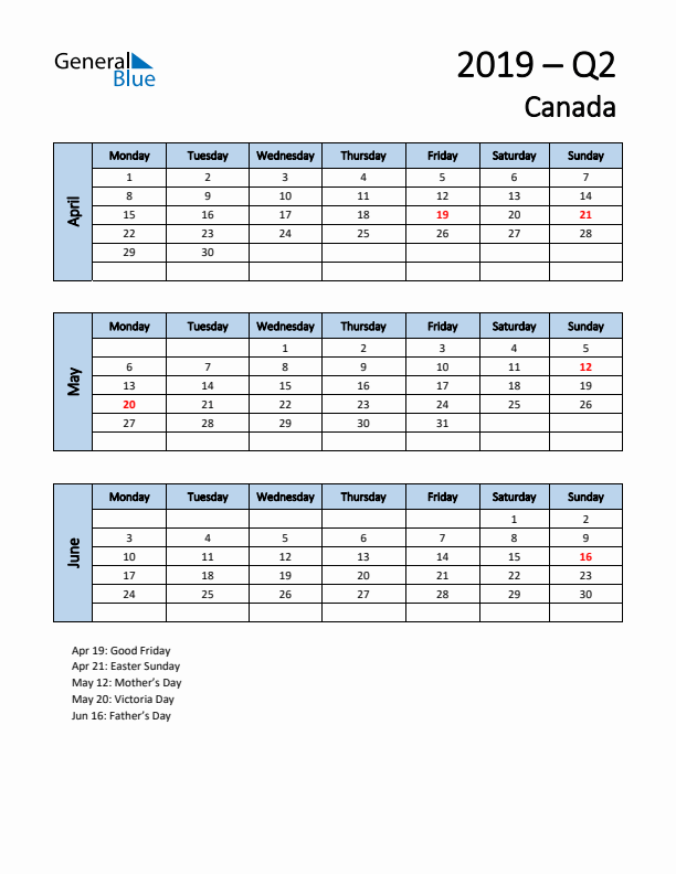 Free Q2 2019 Calendar for Canada - Monday Start