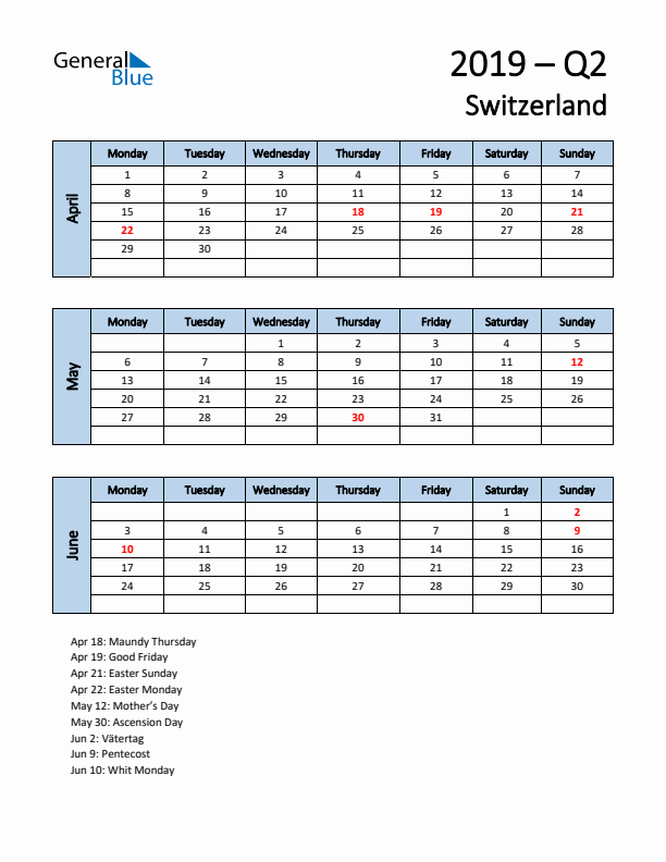 Free Q2 2019 Calendar for Switzerland - Monday Start
