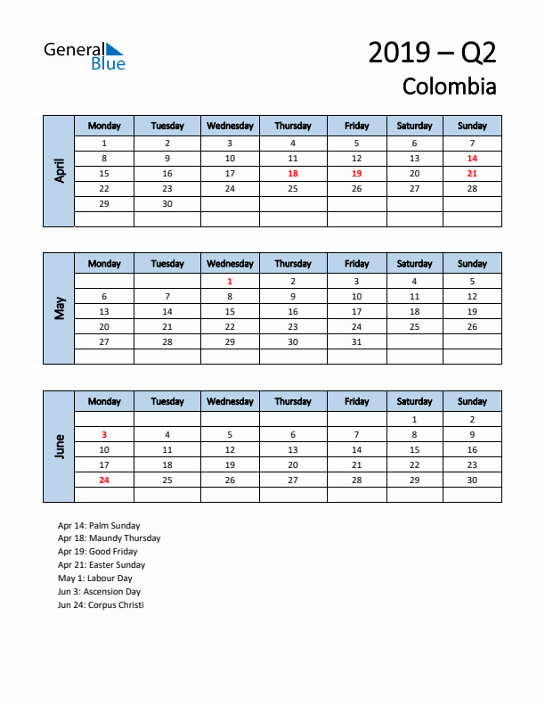 Free Q2 2019 Calendar for Colombia - Monday Start
