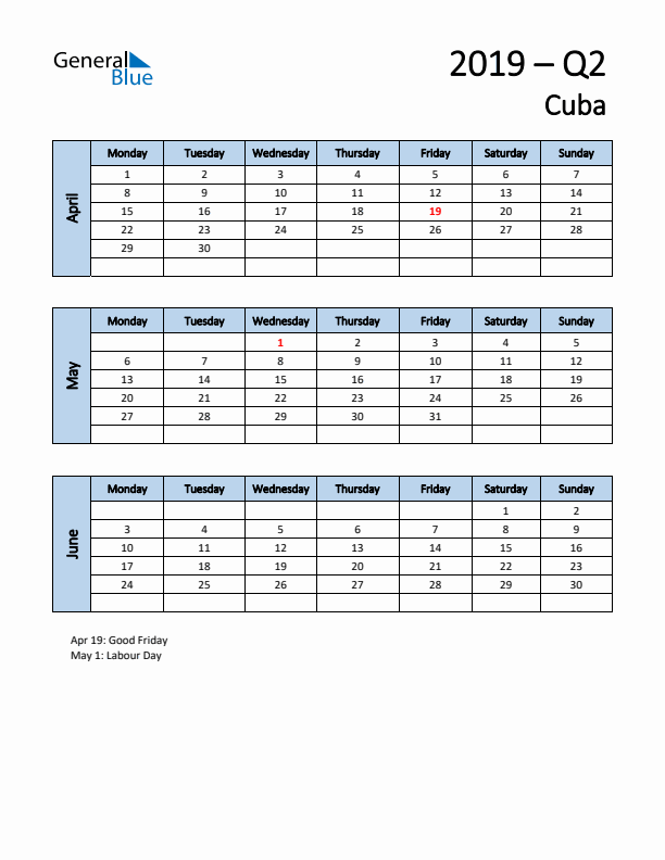 Free Q2 2019 Calendar for Cuba - Monday Start