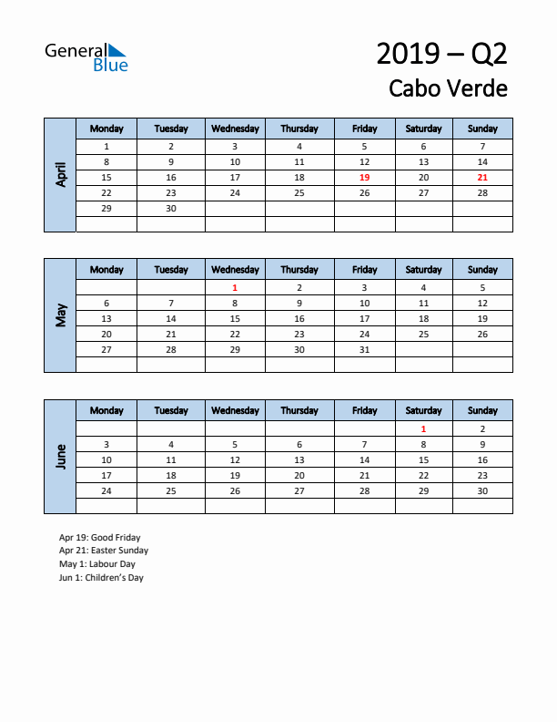 Free Q2 2019 Calendar for Cabo Verde - Monday Start
