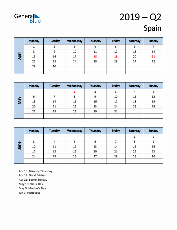 Free Q2 2019 Calendar for Spain - Monday Start