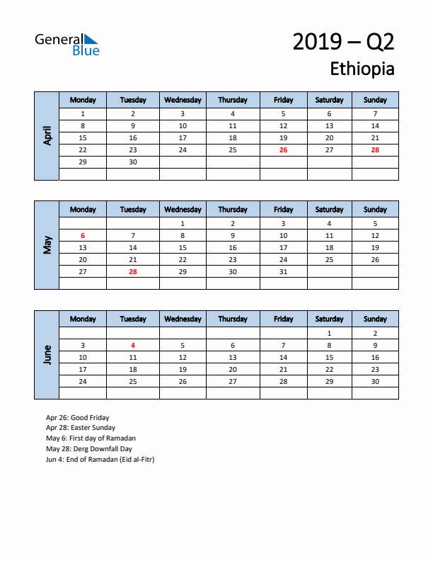 Free Q2 2019 Calendar for Ethiopia - Monday Start