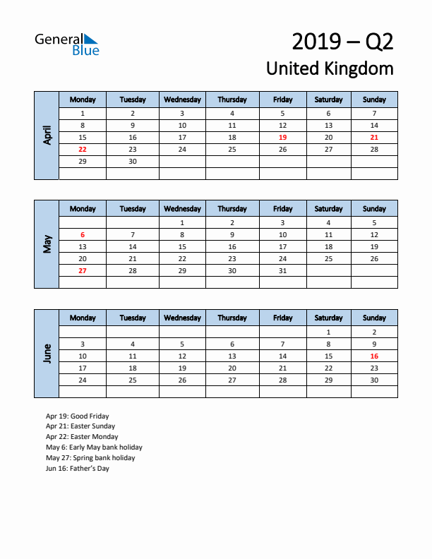 Free Q2 2019 Calendar for United Kingdom - Monday Start