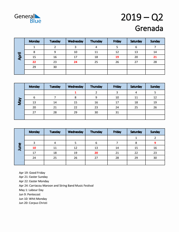 Free Q2 2019 Calendar for Grenada - Monday Start