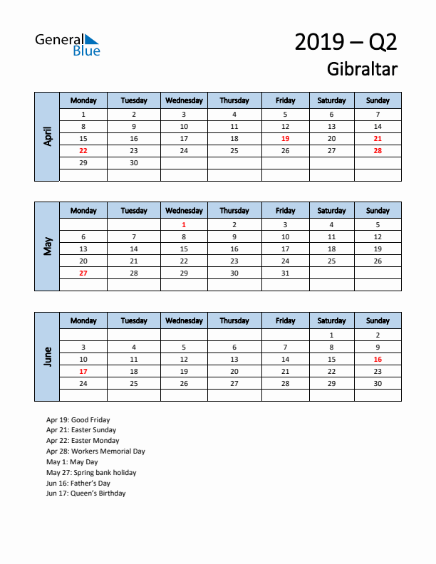 Free Q2 2019 Calendar for Gibraltar - Monday Start