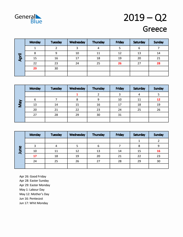 Free Q2 2019 Calendar for Greece - Monday Start