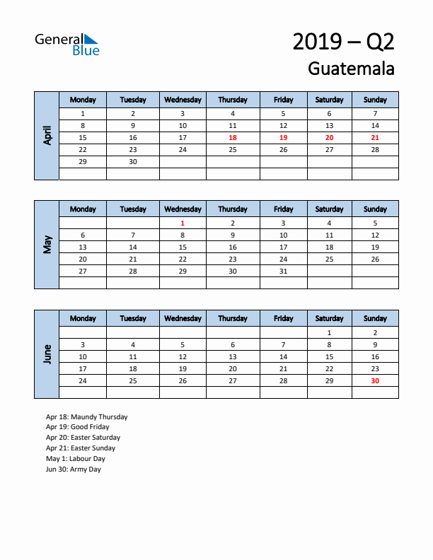 Free Q2 2019 Calendar for Guatemala - Monday Start