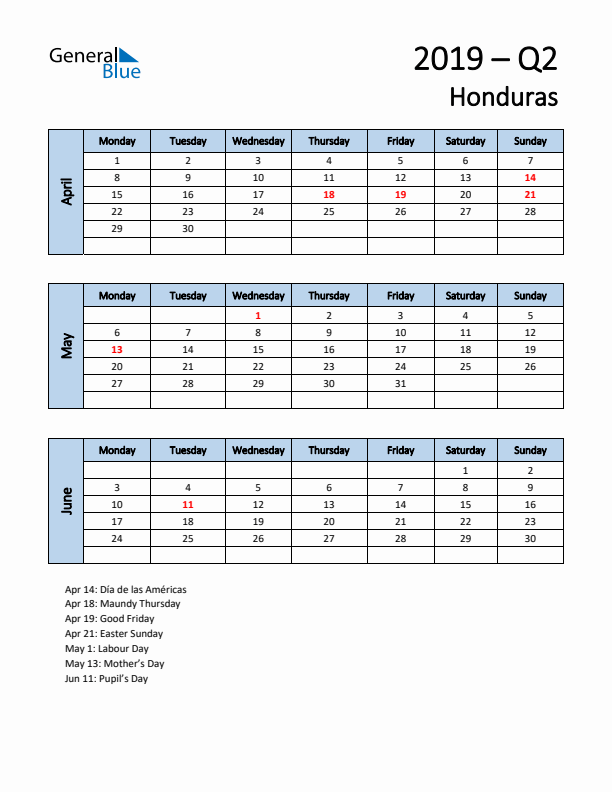 Free Q2 2019 Calendar for Honduras - Monday Start