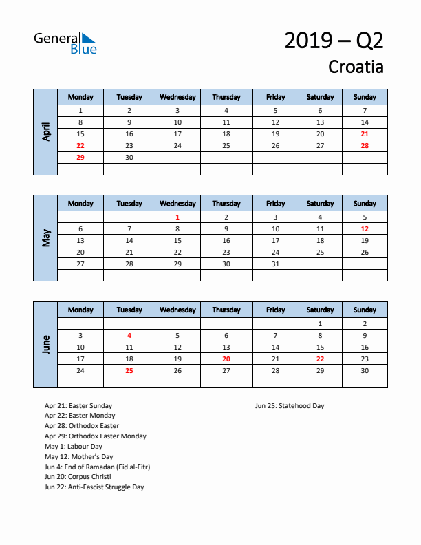 Free Q2 2019 Calendar for Croatia - Monday Start