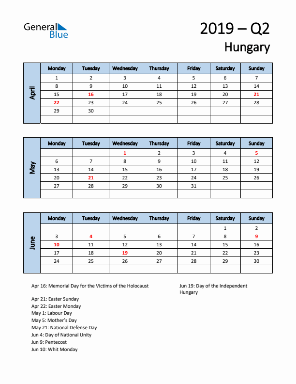 Free Q2 2019 Calendar for Hungary - Monday Start