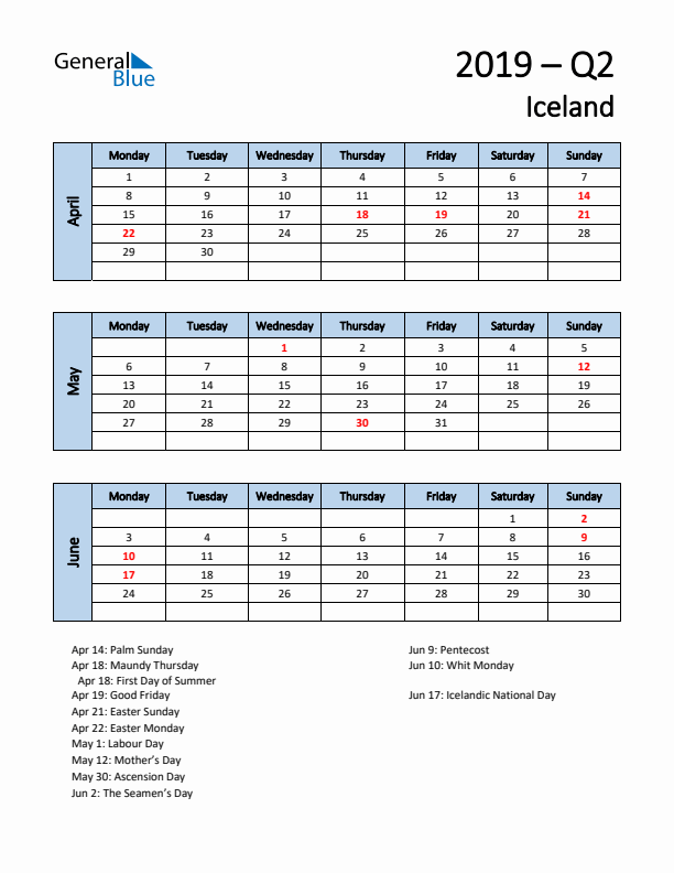 Free Q2 2019 Calendar for Iceland - Monday Start