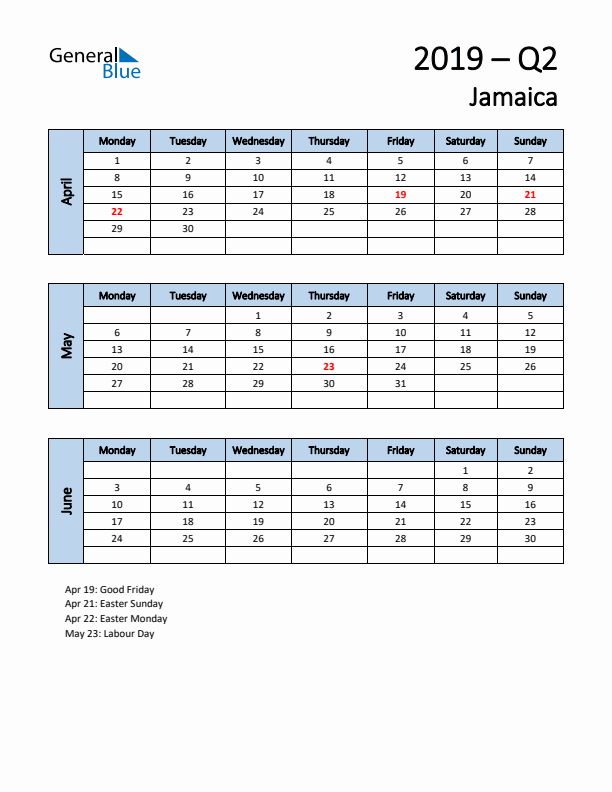 Free Q2 2019 Calendar for Jamaica - Monday Start