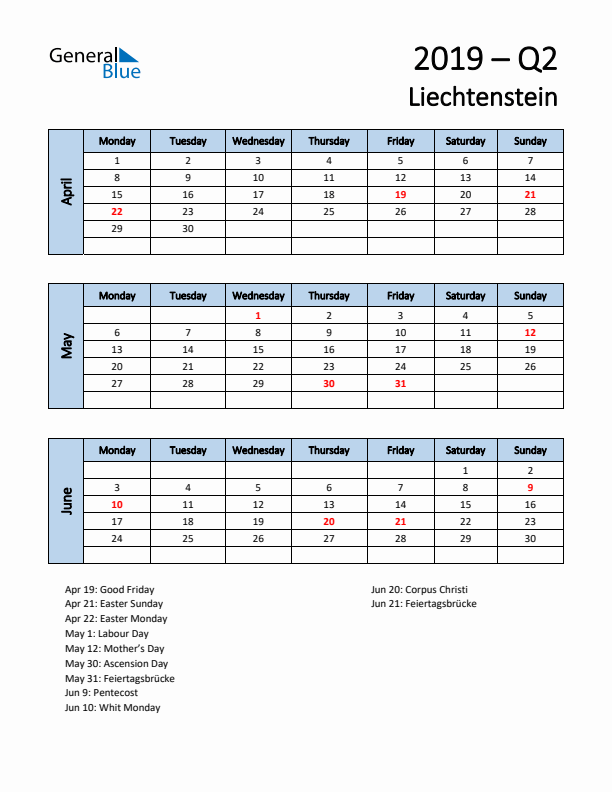 Free Q2 2019 Calendar for Liechtenstein - Monday Start