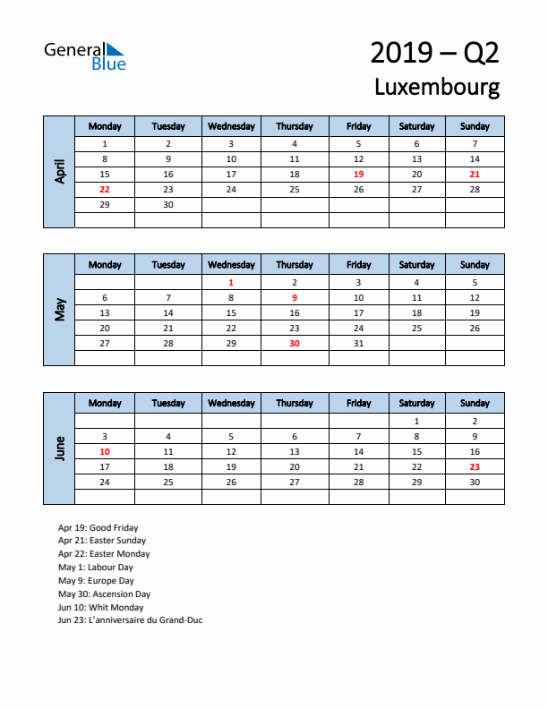 Free Q2 2019 Calendar for Luxembourg - Monday Start