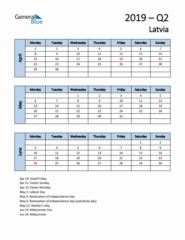 Free Q2 2019 Calendar for Latvia - Monday Start