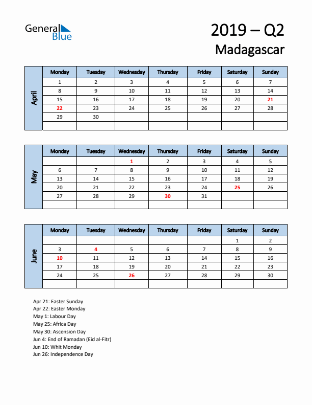 Free Q2 2019 Calendar for Madagascar - Monday Start
