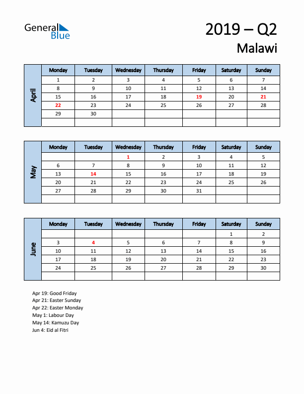Free Q2 2019 Calendar for Malawi - Monday Start
