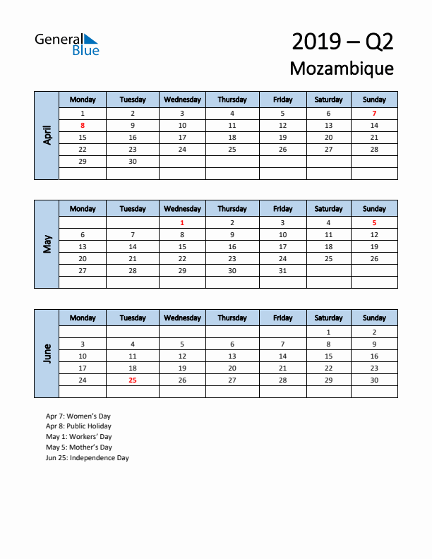 Free Q2 2019 Calendar for Mozambique - Monday Start