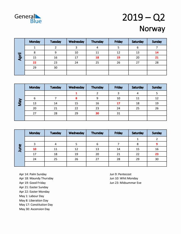 Free Q2 2019 Calendar for Norway - Monday Start