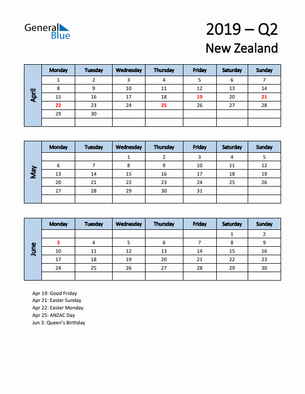 Free Q2 2019 Calendar for New Zealand - Monday Start