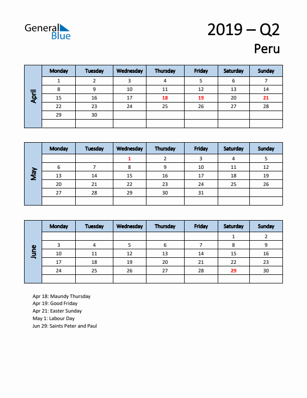 Free Q2 2019 Calendar for Peru - Monday Start