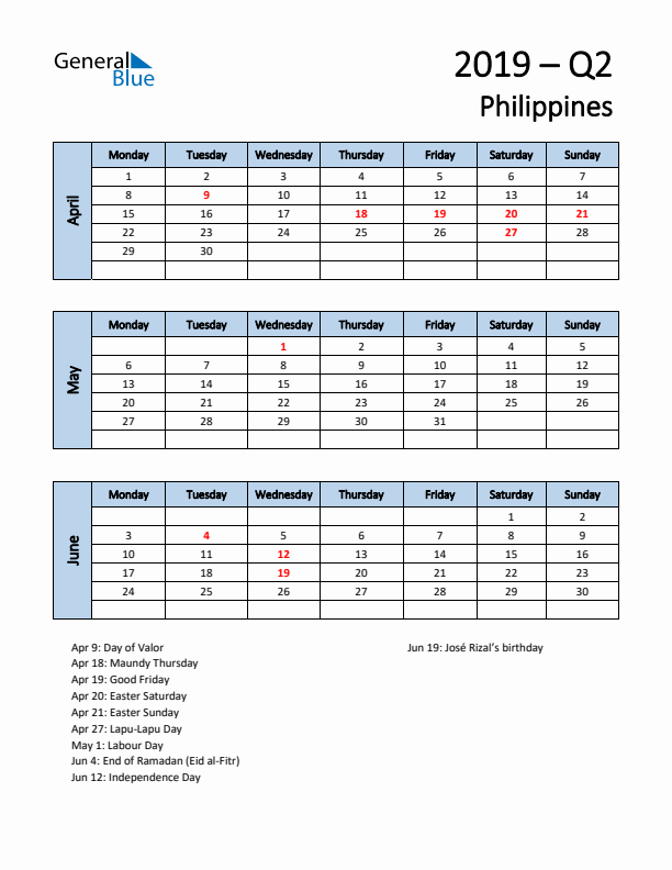 Free Q2 2019 Calendar for Philippines - Monday Start