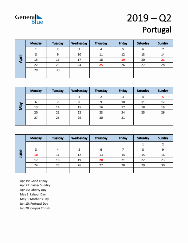 Free Q2 2019 Calendar for Portugal - Monday Start
