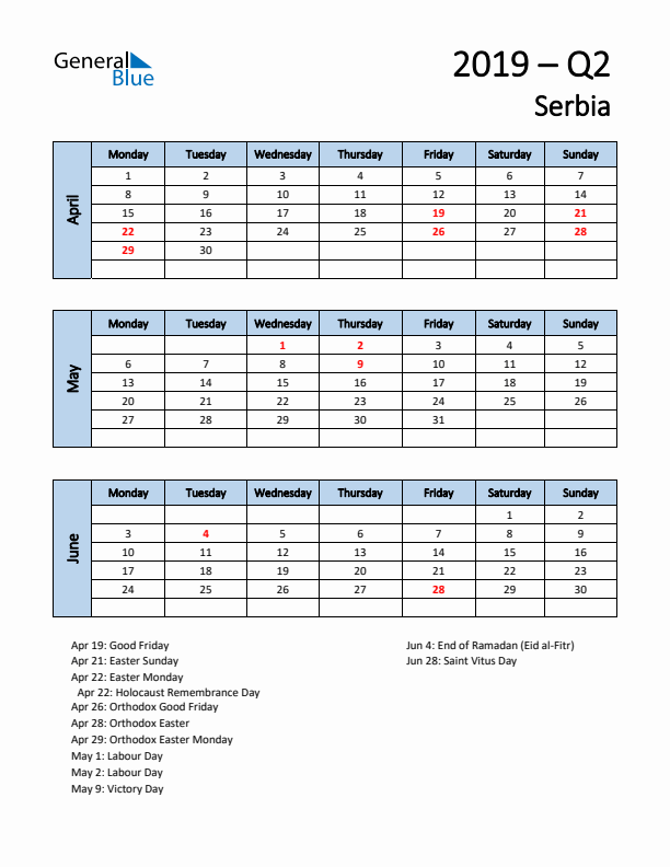 Free Q2 2019 Calendar for Serbia - Monday Start