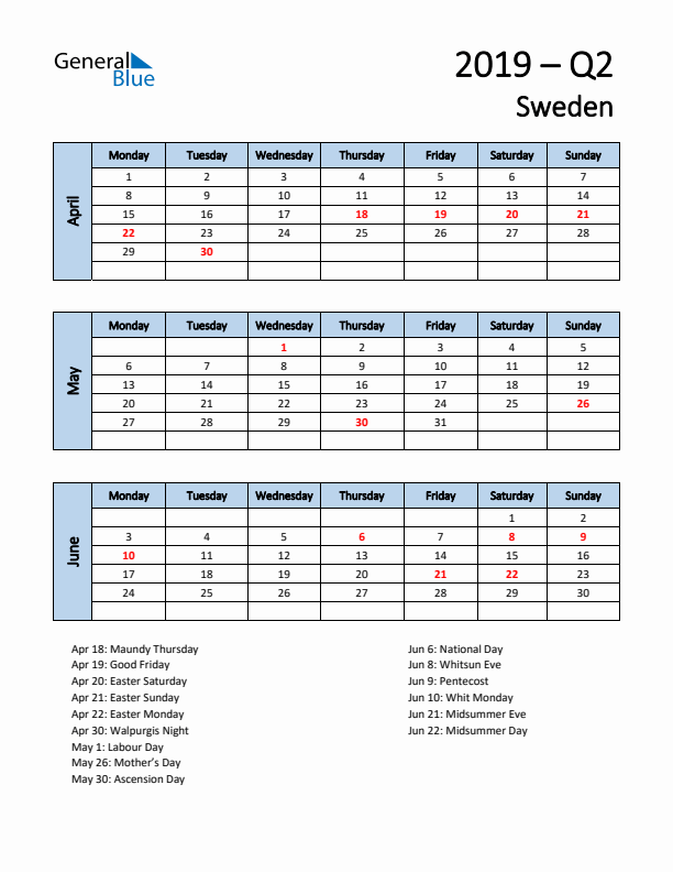 Free Q2 2019 Calendar for Sweden - Monday Start
