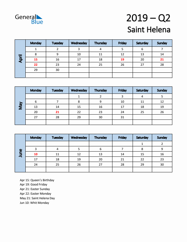 Free Q2 2019 Calendar for Saint Helena - Monday Start