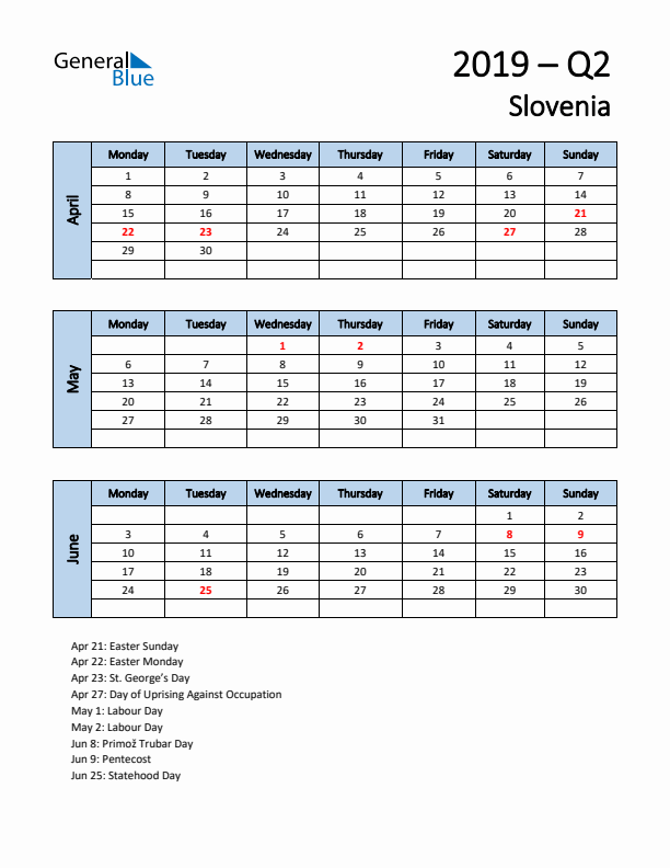 Free Q2 2019 Calendar for Slovenia - Monday Start