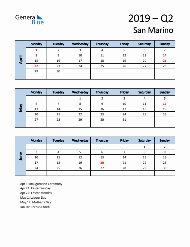 Free Q2 2019 Calendar for San Marino - Monday Start