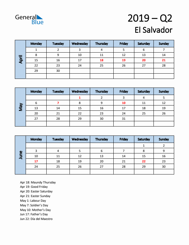 Free Q2 2019 Calendar for El Salvador - Monday Start
