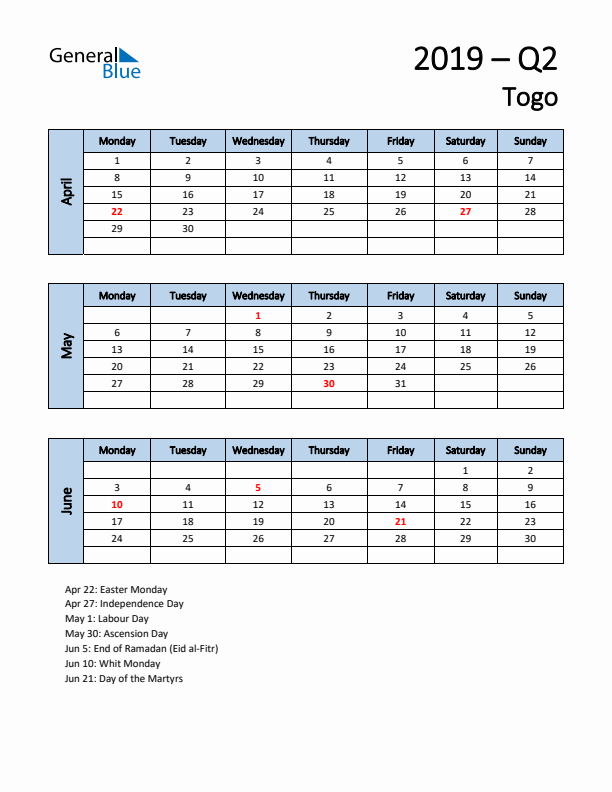 Free Q2 2019 Calendar for Togo - Monday Start