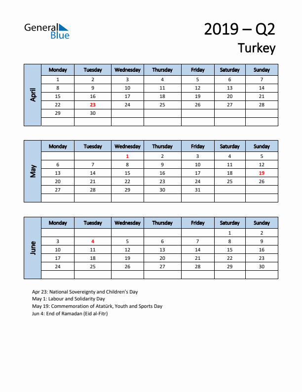 Free Q2 2019 Calendar for Turkey - Monday Start