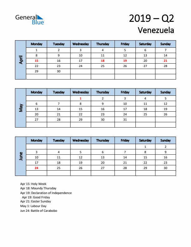 Free Q2 2019 Calendar for Venezuela - Monday Start