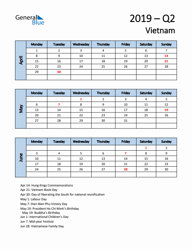 Free Q2 2019 Calendar for Vietnam - Monday Start