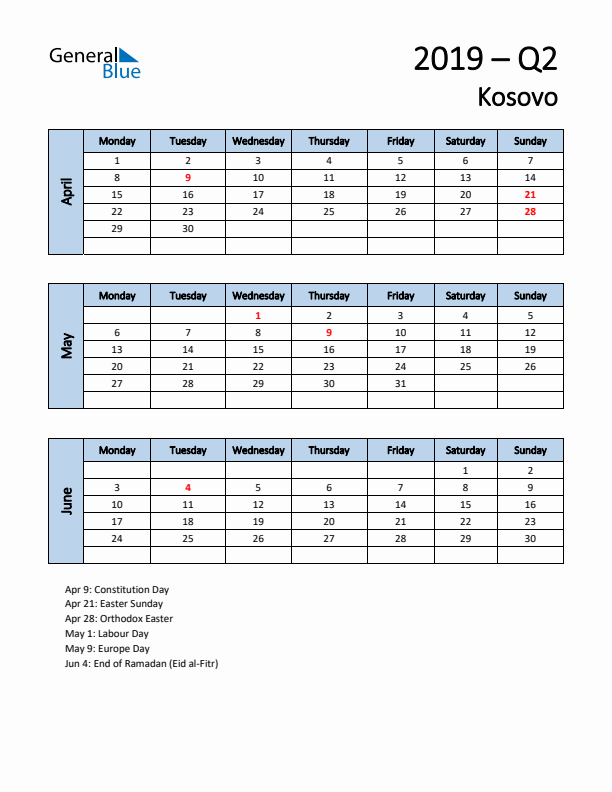 Free Q2 2019 Calendar for Kosovo - Monday Start