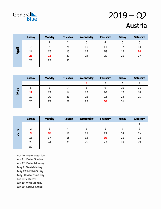 Free Q2 2019 Calendar for Austria - Sunday Start