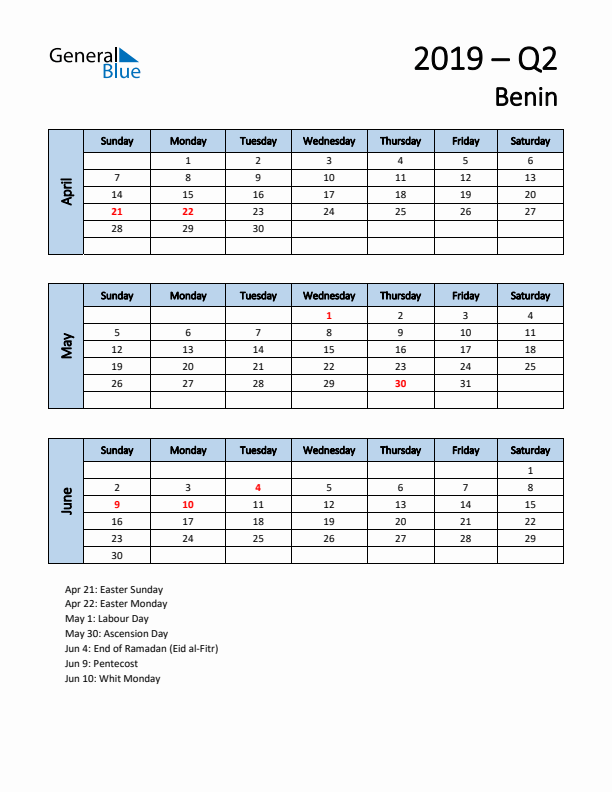 Free Q2 2019 Calendar for Benin - Sunday Start