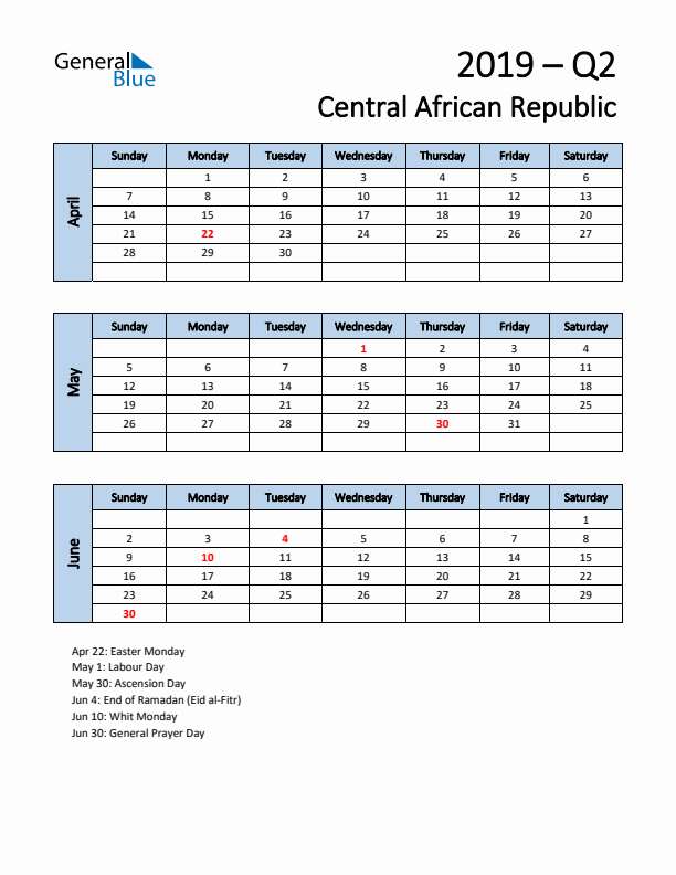 Free Q2 2019 Calendar for Central African Republic - Sunday Start