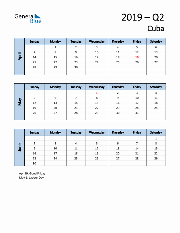 Free Q2 2019 Calendar for Cuba - Sunday Start