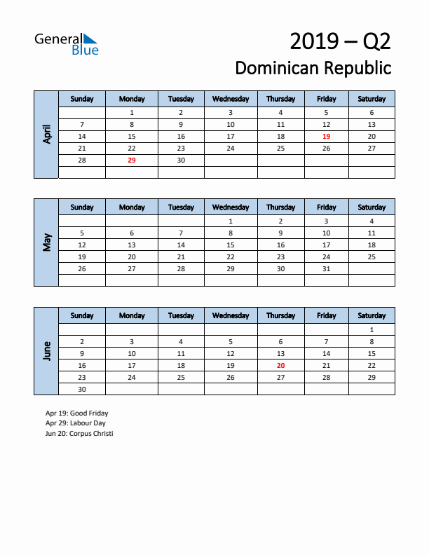 Free Q2 2019 Calendar for Dominican Republic - Sunday Start